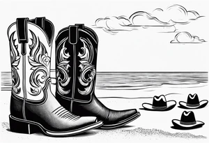 A pair of mens boots, a pair of womens flip flops and a cowboyhat on the Beach. Keep it simple tattoo idea