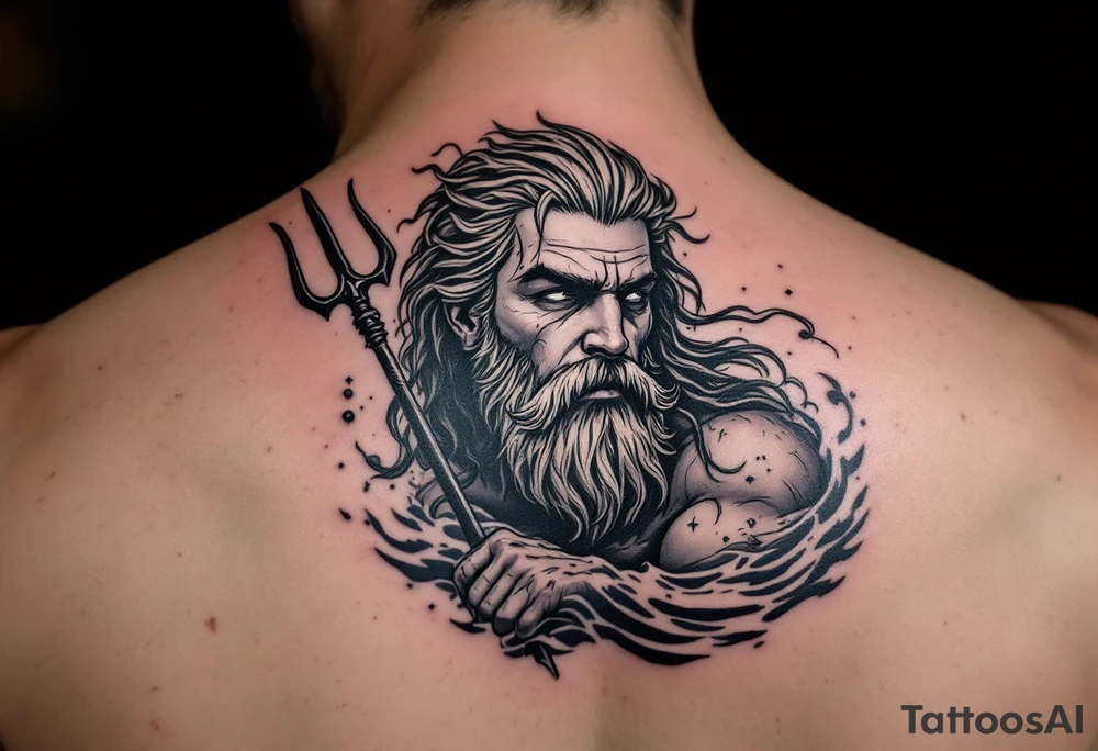 fit poseidon, with trident, in water, looking at the horizon tattoo idea