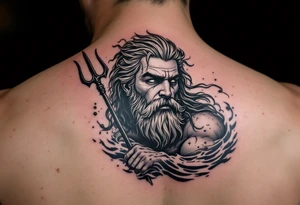 fit poseidon, with trident, in water, looking at the horizon tattoo idea