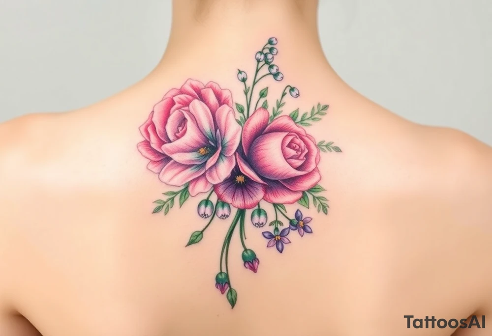 Bouquet of flowers with a carnation, rose, Lily of the valley, delphinium with stems going down Spine tattoo idea