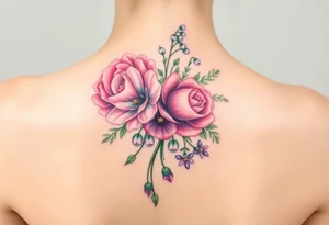 Bouquet of flowers with a carnation, rose, Lily of the valley, delphinium with stems going down Spine tattoo idea