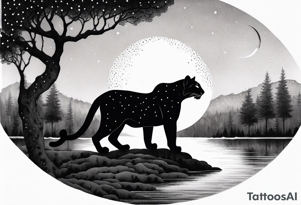 panther and a tree landscape moon tattoo idea