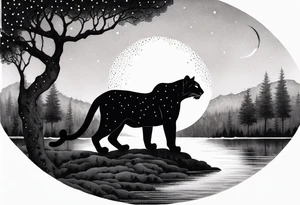 panther and a tree landscape moon tattoo idea