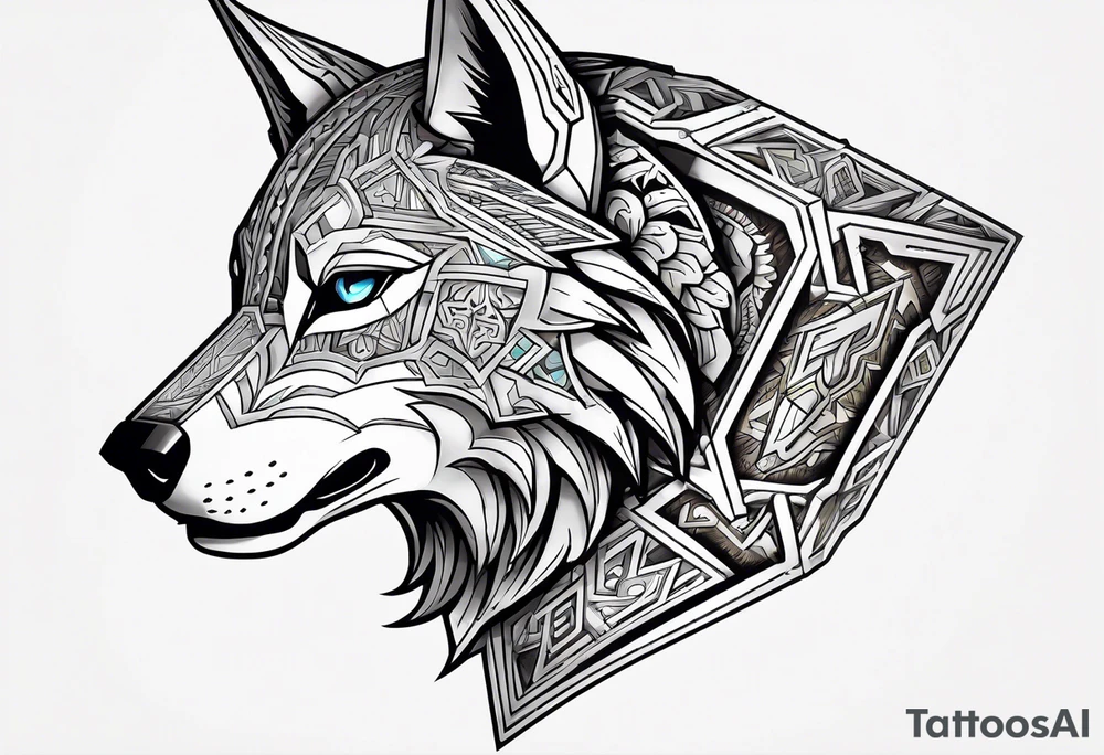 Legend of zelda link wolf in side profile muzzle facing th ebottom 
, in the center of his forhead is a diamond shape with a dot in the middle done in the style of black line work tattoo idea