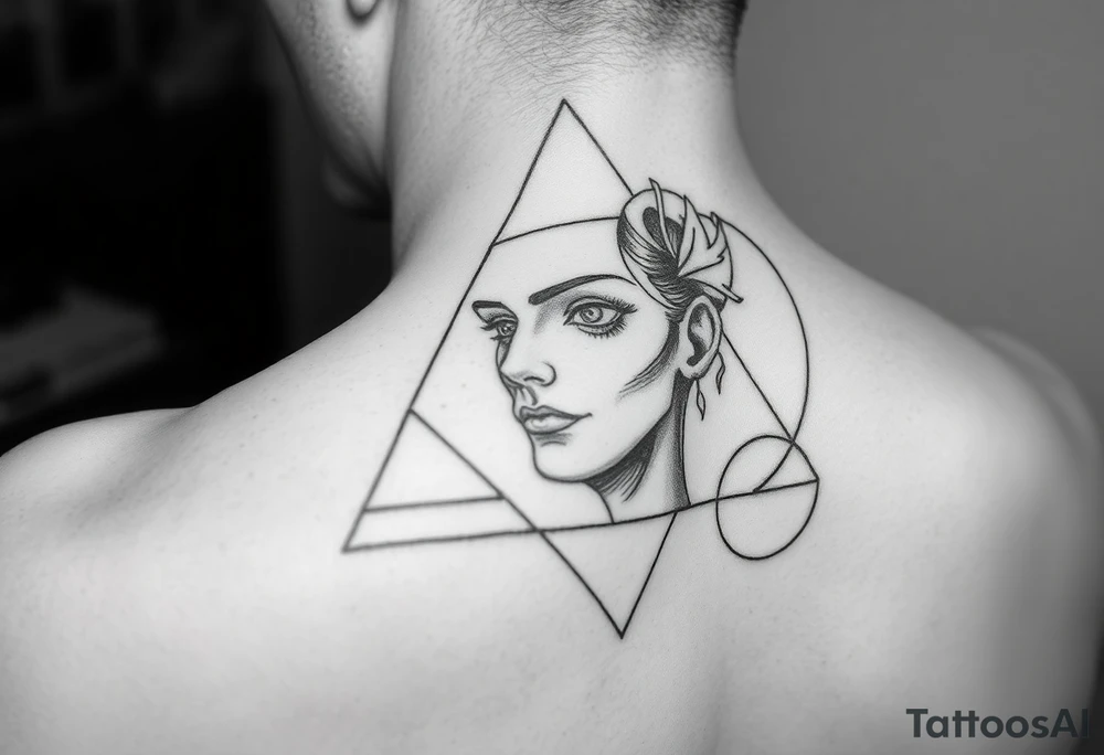 Abstract human face in fine-line style, partially inside overlapping geometric shapes like triangles and circles. Symbolic of thought, identity, and order. tattoo idea