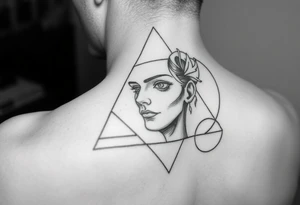 Abstract human face in fine-line style, partially inside overlapping geometric shapes like triangles and circles. Symbolic of thought, identity, and order. tattoo idea