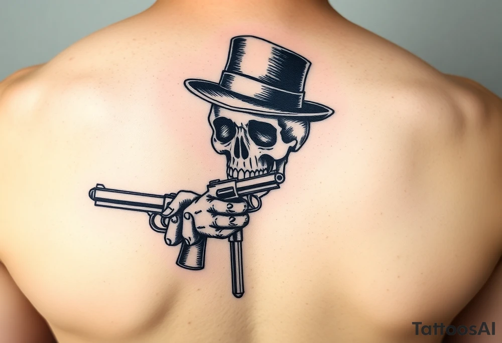 voodoo skull, top hat, dead mans card hand, six guns tattoo idea