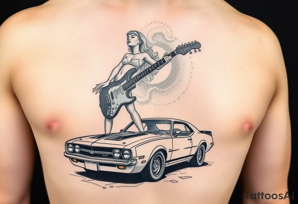 I want arm sleeve that starts with a beach with dale Earnhardt car on the beach with a hot blonde 80’s girl with big hair on the hood. Then an ocean with big waves then a big dark sky with the Milky Way in it and Jimi Hendrix Stratocaster in the sky tattoo idea