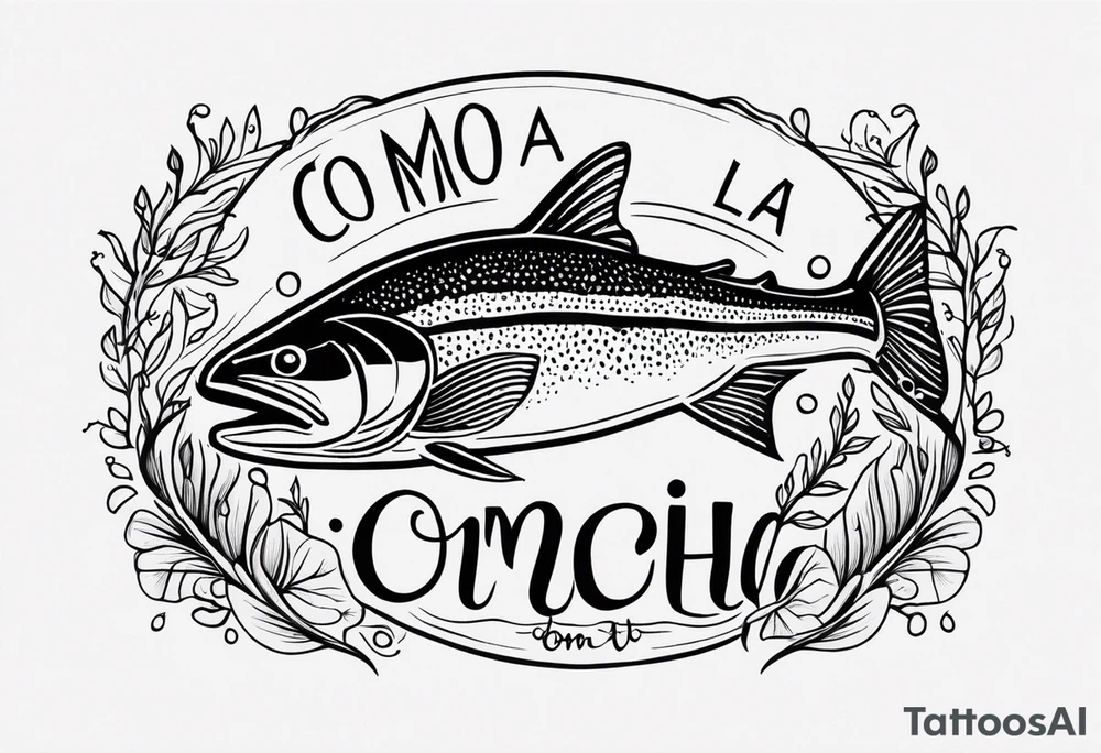 A small tattoo with a shaded trout and text that says, 'Como la trucha...' drawn with fine lines." tattoo idea