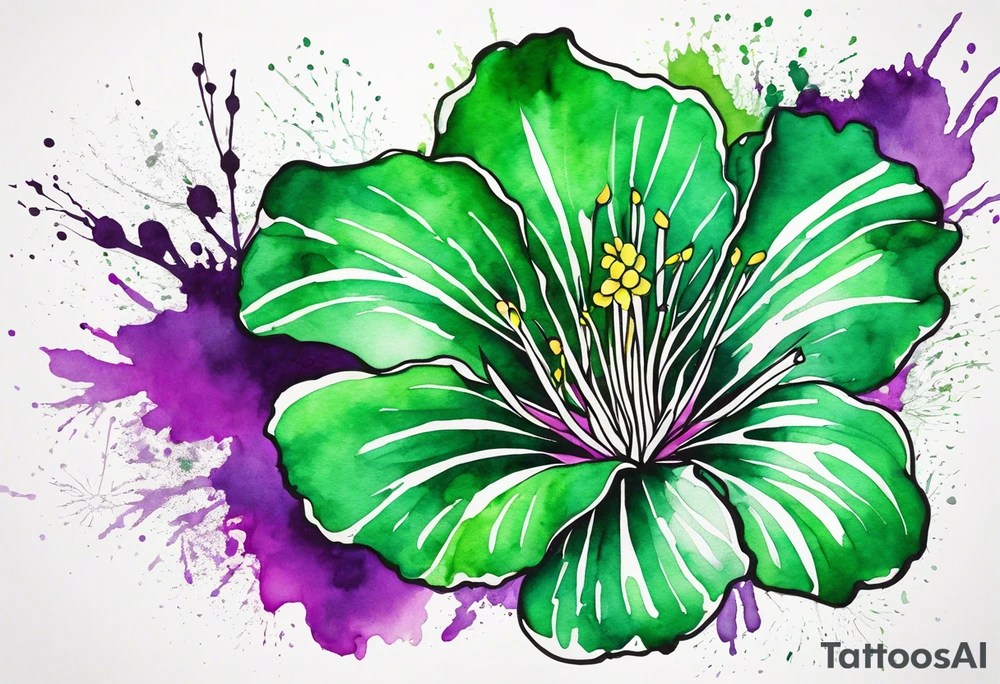 An outline of a green rio dipladenia flower and a green and purple watercolor splash in the background tattoo idea