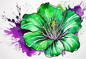 An outline of a green rio dipladenia flower and a green and purple watercolor splash in the background tattoo idea