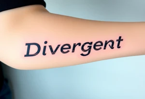 The word "Divergent" written in futuristic metallic font, with a glitch effect to symbolize breaking systems tattoo idea