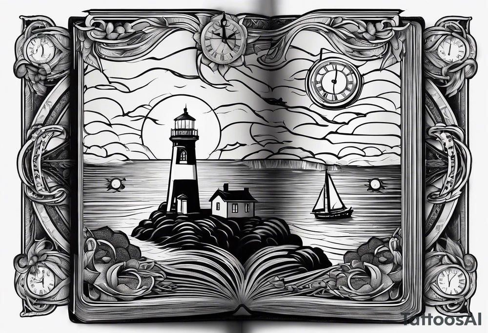 minimalist "open book" with a lighthouse in the middle and a clock and surrounded by storm sailor jerry style tattoo idea