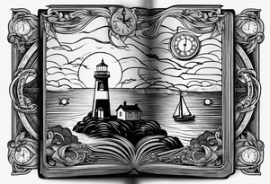 minimalist "open book" with a lighthouse in the middle and a clock and surrounded by storm sailor jerry style tattoo idea