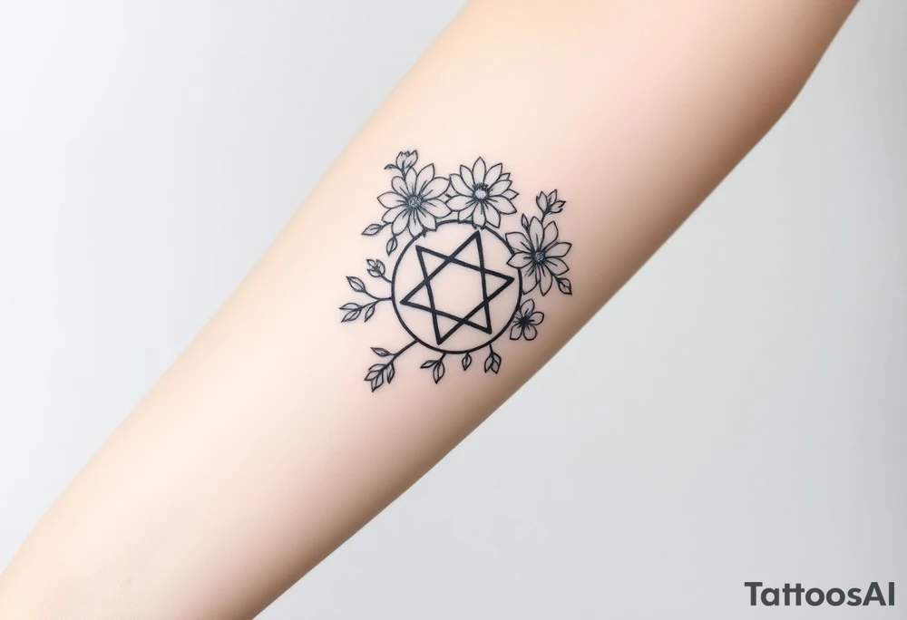 Large fine line florals that cover up an enneagram symbol tattoo idea