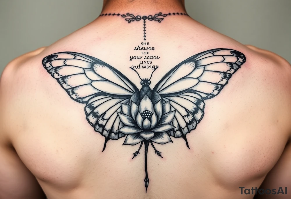 butterfly with cracked wings and lotus flower with quote that says “she wore her scars like wings” all down spine but very elegant tattoo idea