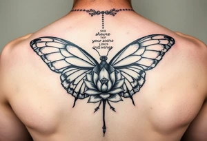 butterfly with cracked wings and lotus flower with quote that says “she wore her scars like wings” all down spine but very elegant tattoo idea