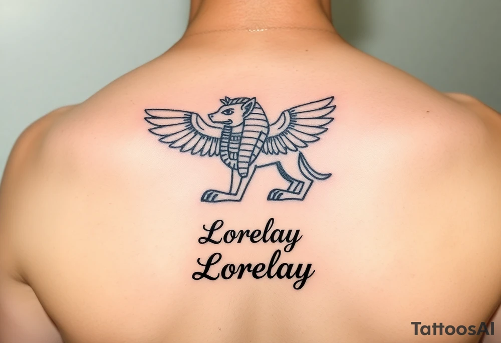 Crea un diseño significativo sobre la cultura egipcia y que tenga el nombre escrito por de bajo del diseño el nombre de mi hermana Lorelay para la parte baja del bíceps tattoo idea