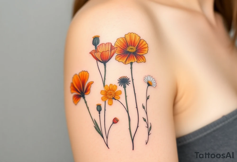 California poppies, California blackberries, gray’s lupine, marsh marigold, Indian paintbrush, one daisy, and an orange and orange blossom tattoo idea