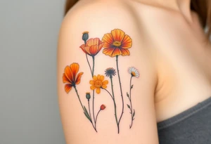 California poppies, California blackberries, gray’s lupine, marsh marigold, Indian paintbrush, one daisy, and an orange and orange blossom tattoo idea
