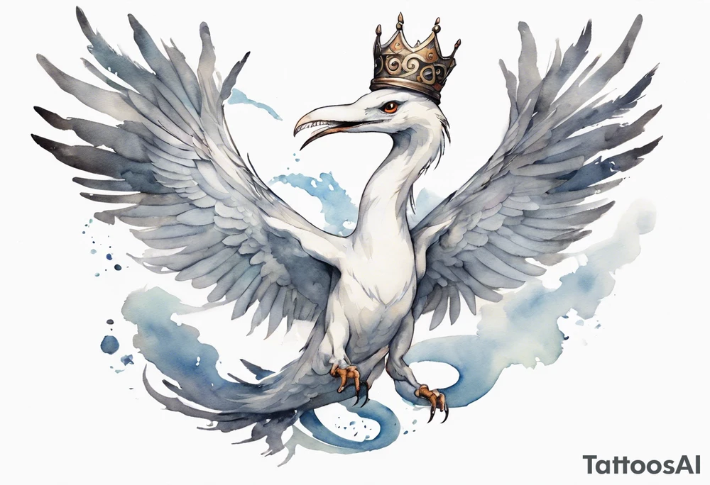 a white bird-serpent hybrid, wearing a pewter crown on its head, flying in the air tattoo idea
