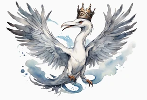 a white bird-serpent hybrid, wearing a pewter crown on its head, flying in the air tattoo idea
