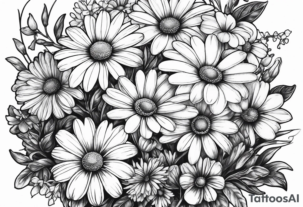 Bouquet of daisies and violets tattoo idea