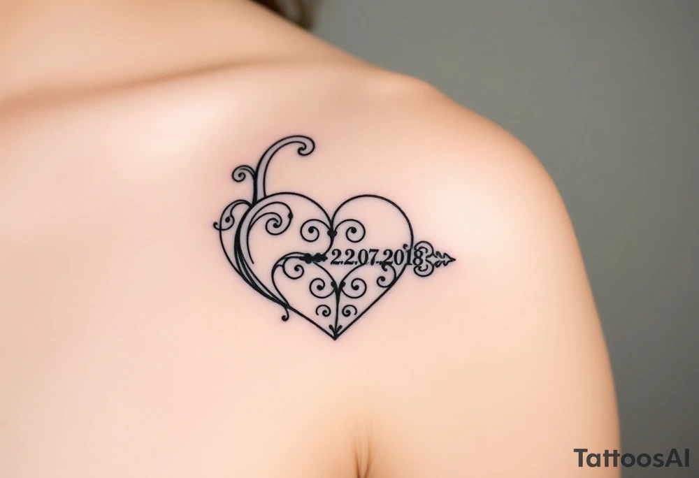 A realistic heart-shaped lock with an ornate key, decorated with filigree patterns, with wedding date 22. 07. 2018. tattoo idea