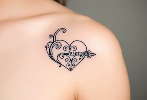 A realistic heart-shaped lock with an ornate key, decorated with filigree patterns, with wedding date 22. 07. 2018. tattoo idea