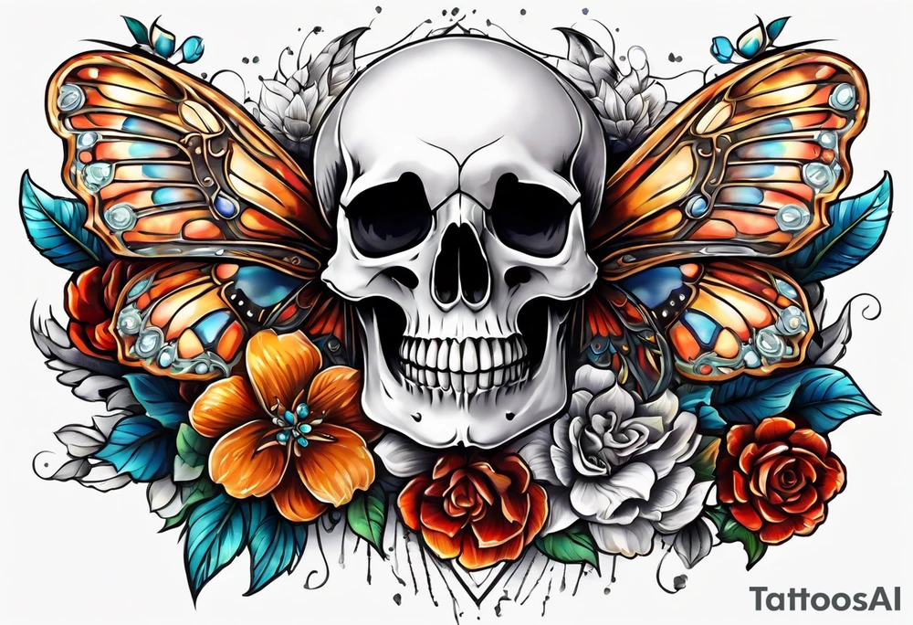 Flower chest piece, small animal skull, crystals, moth tattoo idea
