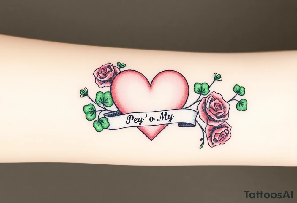 A ton of green shamrocks with red roses and a big pale pink heart with a banner across the heart that says Peg 'o My Heart tattoo idea