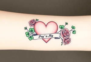 A ton of green shamrocks with red roses and a big pale pink heart with a banner across the heart that says Peg 'o My Heart tattoo idea