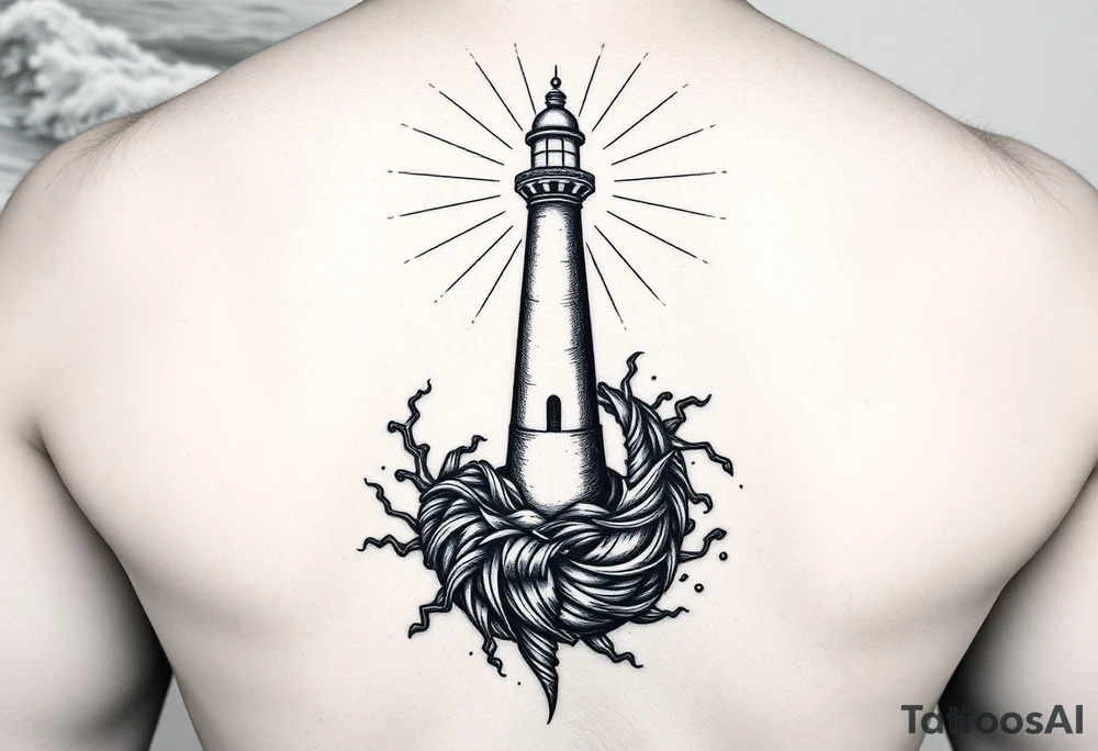 In the center: A steady lighthouse, its light burning, radiating outward.

From the base of the lighthouse: a fractal spiral that extends and transforms—it begins chaotic, dark, with tangled lines, and opens into more harmonious patterns toward the edges.

The background: a mix of storm, waves, and energetic lines, but without obscuring the lighthouse or the spiral—instead, they embrace them, as if they were part of the transformation. tattoo idea