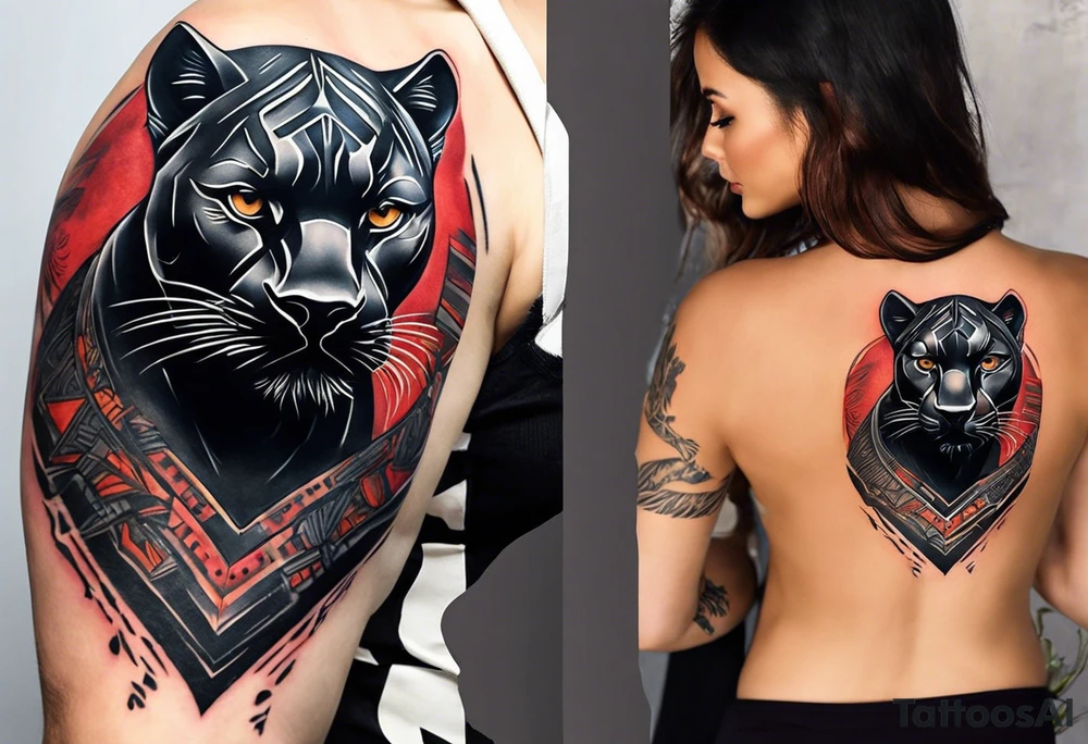 Design a unique black panther tattoo. The panther should be portrayed in a dynamic pose, showcasing its strength and grace. Its eyes should be a striking red, adding an intense and captivating element to the design. The overall composition should have an artistic flair, blending realism with abstract elements to create a visually stunning and original tattoo tattoo idea