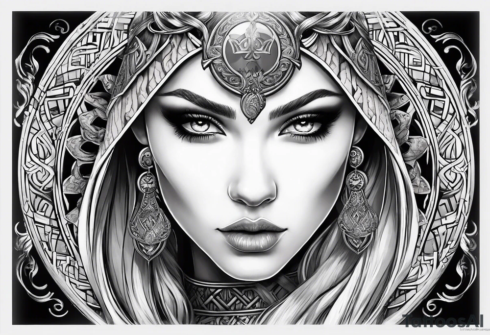 Viking, feminine warrior, bedroom eyes, headshot, princess, round emblem, moon goddess, Gaia tattoo idea