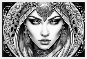 Viking, feminine warrior, bedroom eyes, headshot, princess, round emblem, moon goddess, Gaia tattoo idea