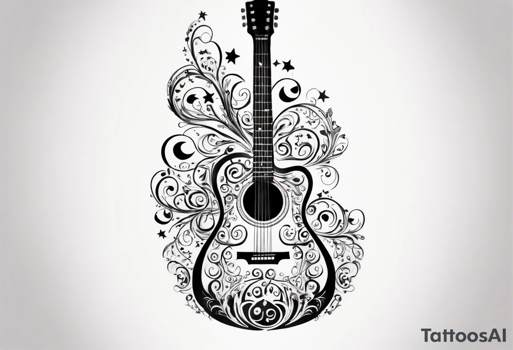 A tattoo featuring an intricate design where the body of a guitar is filled with elaborate swirls and floral patterns. The design is symmetrical with a blend of various curls and loops emanating from the center of the guitar, creating a decorative, ornate appearance. The guitar's neck and headstock are sleek and extend upwards, surrounded by small music notes and stars scattered around it, adding to the musical theme. The entire tattoo has a sense of movement and rhythm, as if the music is flowing from the strings. The tattoo is monochromatic, using shades of black and gray to give depth and contrast. tattoo idea