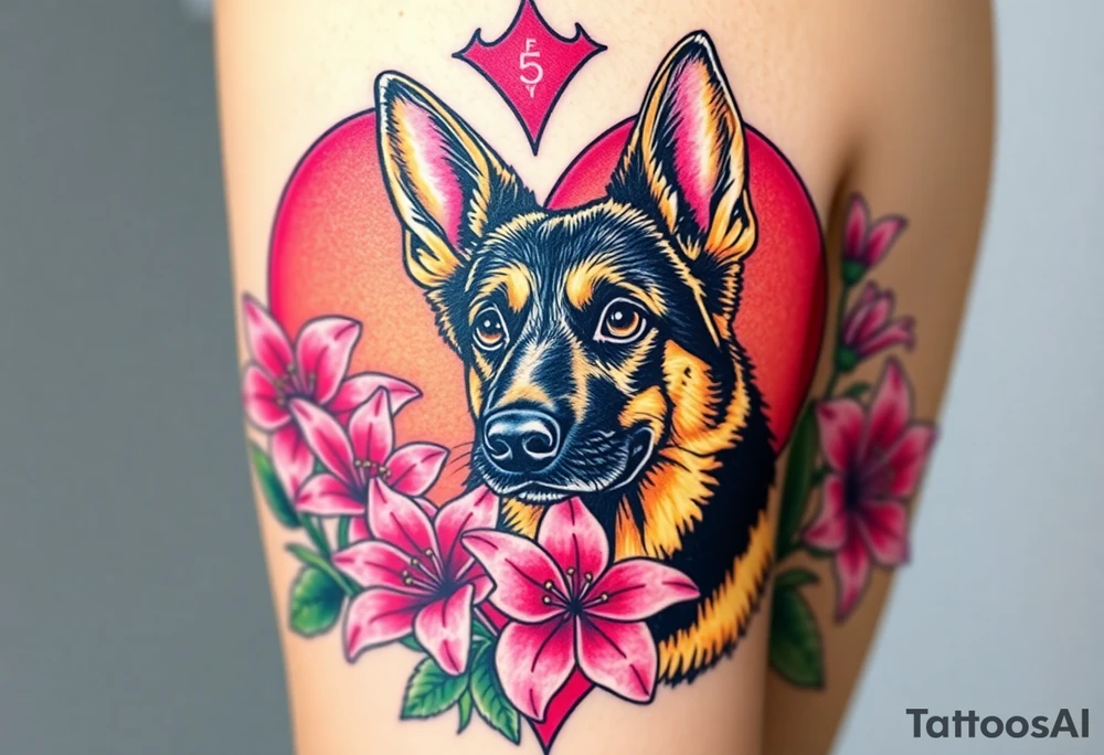 realistic german shepherd with alert ears looking protective surrounded by pink lilies with leaves in front of a sacred heart tattoo idea