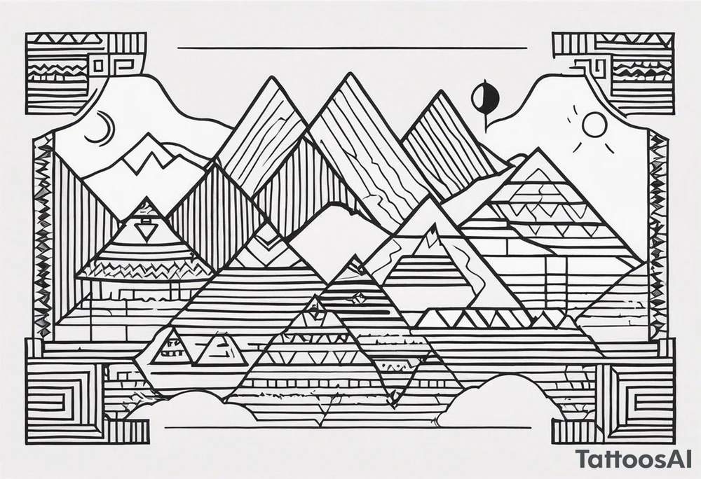 Create a tattoo design in a linear geometric art style depicting images associated with Peru, such as the Andes Mountains, Machu Picchu, llamas or traditional textile patterns. The tattoo should be done in a monochromatic black and white color scheme with clear outlines and minimal details to create an elegant and modern composition. tattoo idea