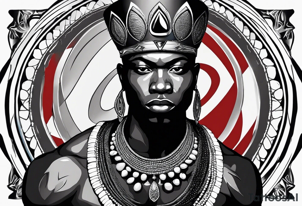 Black-skinned bald african warrior. He wears a simple and small silver crown. He uses two simple necklaces: one blue, other red. He has cowry shells in his crown tattoo idea