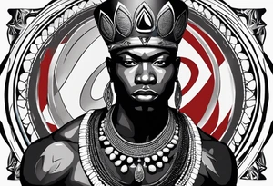 Black-skinned bald african warrior. He wears a simple and small silver crown. He uses two simple necklaces: one blue, other red. He has cowry shells in his crown tattoo idea