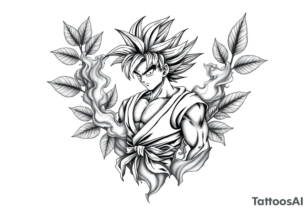Tattoo design of Son Goku with smoke flowing through his body, surrounded by leaves in negative space effect, featuring soft shading around the edges and dotwork shading inside, with multiple contrast levels throughout. Highly detailed, intricate design with dynamic composition, emphasizing the interaction between the smoke and character, with the negative space leaves creating depth and balance. Professional tattoo art style with clean lines and sophisticated shading techniques. tattoo idea