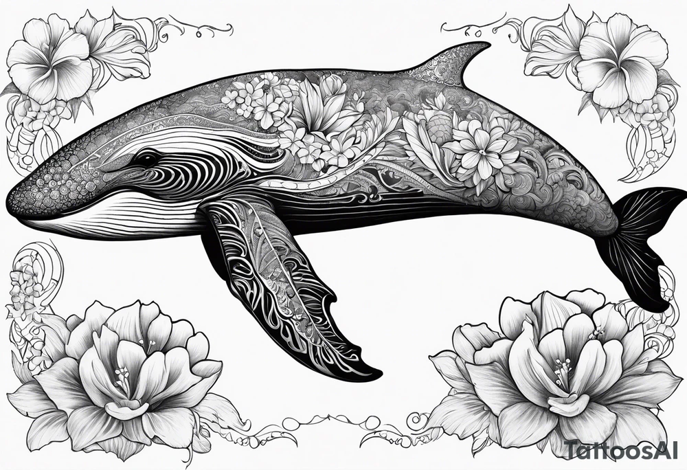 humpback whale Hawaiian flowers tattoo idea