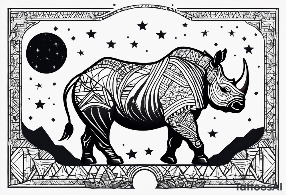Fineline art minimalistic tattoo with African continent outline as focus, camping which indicates adventure spirit, rhino, symbol of strength,  motherhood, pisces stars, lotus, sun, vertical alignment tattoo idea