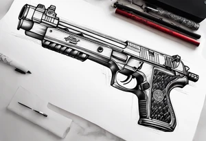 A forearm tattoo that includes an M4 rifle and a Beretta M9 pistol tattoo idea