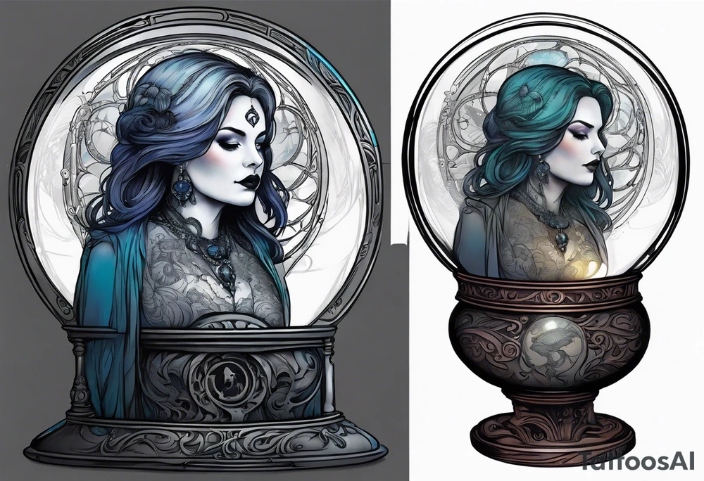 Madame leota in crystal ball on gothic stand with raven at side tattoo idea