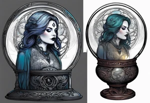 Madame leota in crystal ball on gothic stand with raven at side tattoo idea
