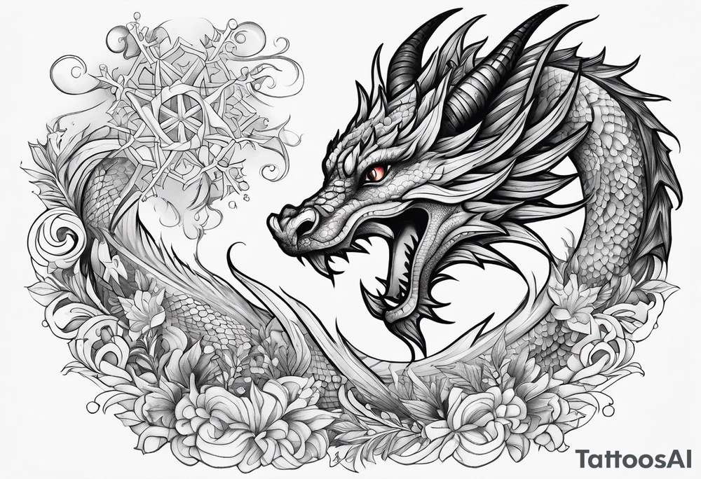 dragon cute , celestial, cross, snowflake tattoo idea