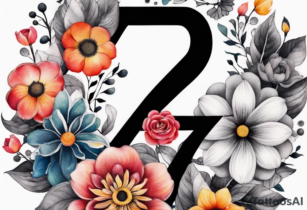 The number seven surrounded by colorful flowers tattoo idea