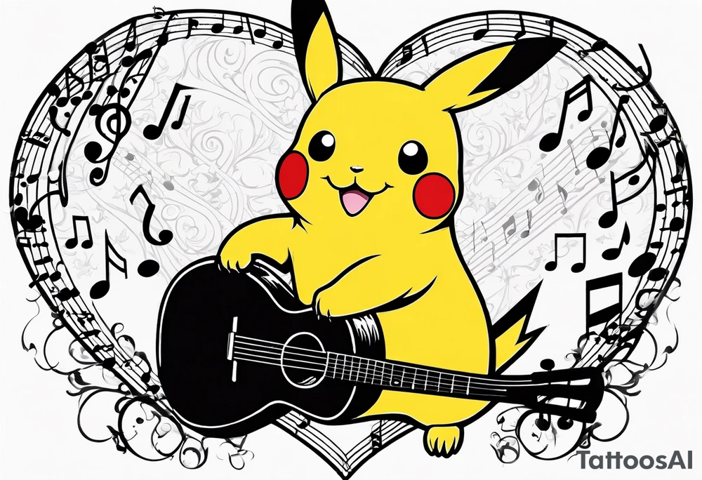 Pickachu squeezing a heart made from a trouble clef and music notes tattoo idea